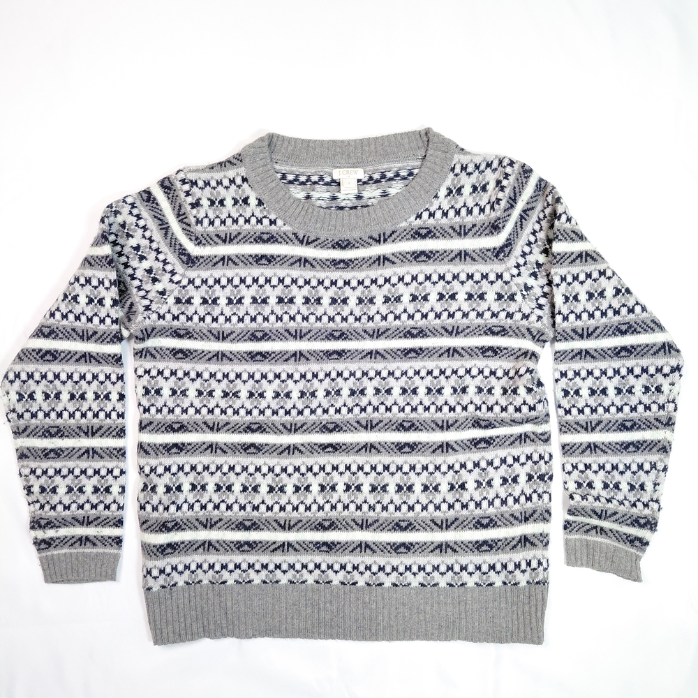 J Crew Merino Wool Blend Fair Isle Sweater Womens size S Gray  Long Sleeve
